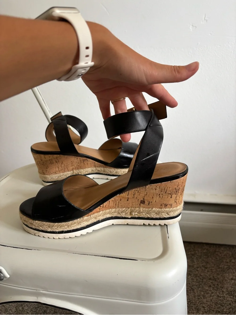 Soda Black Cork Espadrille Wedge Sandals with Gold Buckle